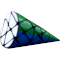 Siamese 3x3x3 fused cubes (sharing a 2x2x2 block) have been transformed into a shape of a cone and stickered in four different colours.
