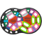 Two circles with three turns and irregular cuts. Pieces of identical shape are coloured identical to focus solving on the shape.